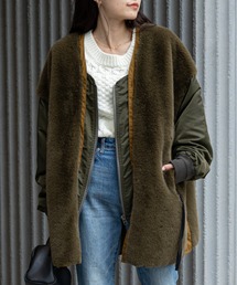 etsinta | 【etsinta/エシンタ】ファー切替ジャケット(ノーカラージャケット)