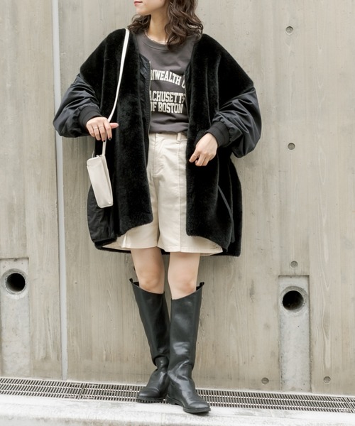 etsinta（エシンタ）の「【新色追加】【etsinta/エシンタ】ファー切替ジャケット（ノーカラージャケット・レディース・カーキ/ブラック/ブラウン/オフホワイト・ONE SIZE）」の10枚目の写真