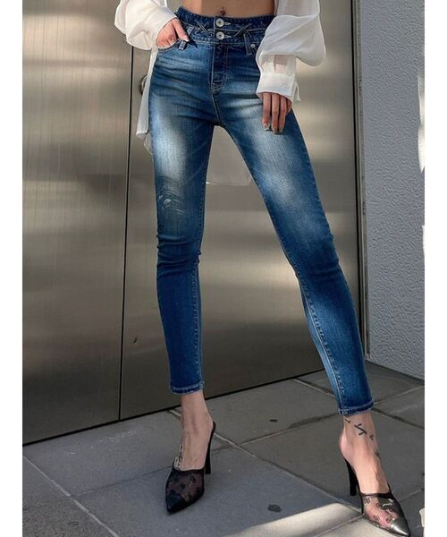 GYDA（ジェイダ）の「ハイウエスト ダブルウエスト レースアップデニムスキニーパンツ（デニムパンツ・レディース・インディゴブルー/ライトブルー・X-SMALL/SMALL/MEDIUM）」の2枚目の写真