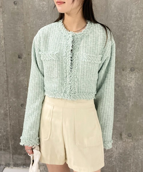 EPIMI E'PIMMY（エピミエピミー）の「《set up対応》クロップドツイードジャケット（ノーカラージャケット・レディース・ミント/オフホワイト/ブラック/チャコールグレー/アイボリー・MEDIUM）」の5枚目の写真