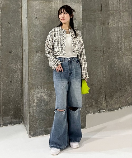 EPIMI E'PIMMY（エピミエピミー）の「《set up対応》クロップドツイードジャケット（ノーカラージャケット・レディース・ミント/オフホワイト/ブラック/チャコールグレー/アイボリー・MEDIUM）」の6枚目の写真