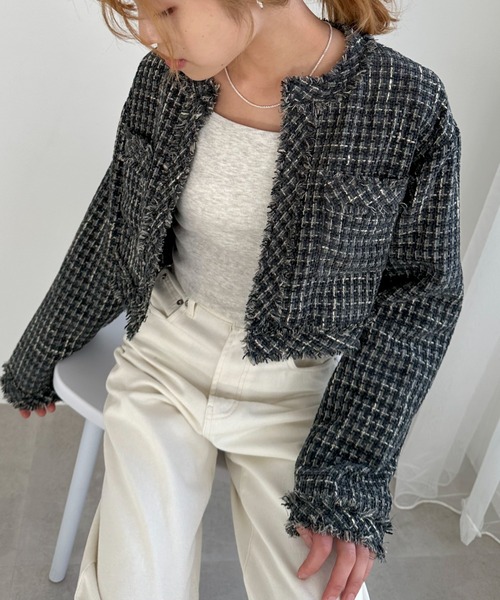 EPIMI E'PIMMY（エピミエピミー）の「《set up対応》クロップドツイードジャケット（ノーカラージャケット・レディース・ミント/オフホワイト/ブラック/チャコールグレー/アイボリー・MEDIUM）」の15枚目の写真