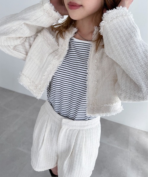 EPIMI E'PIMMY（エピミエピミー）の「《set up対応》クロップドツイードジャケット（ノーカラージャケット・レディース・ミント/オフホワイト/ブラック/チャコールグレー/アイボリー・MEDIUM）」の16枚目の写真