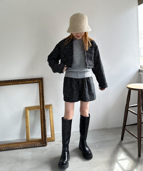 EPIMI E'PIMMY（エピミエピミー）の「《set up対応》クロップドツイードジャケット（ノーカラージャケット・レディース・ミント/オフホワイト/ブラック/チャコールグレー/アイボリー・MEDIUM）」の21枚目の写真