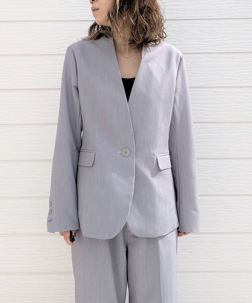 Q（キュー）の「ストレッチノーカラージャケット（ノーカラージャケット・レディース・ライトグレー/ブラック・MEDIUM）」の3枚目の写真