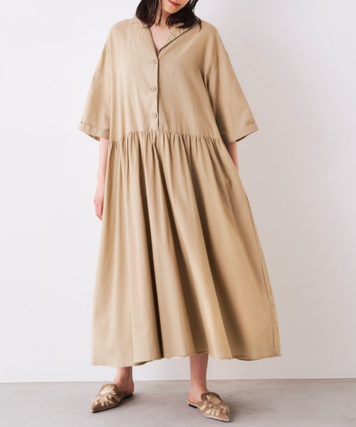 オープンカラーリボンロングワンピース（ワンピース）｜Libra