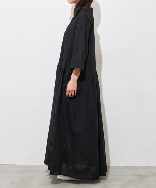 Libra Cue（リブラ キュー）の「オープンカラーリボンロングワンピース（ワンピース・レディース・ブラック/ベージュ/チェック・FREE）」の9枚目の写真