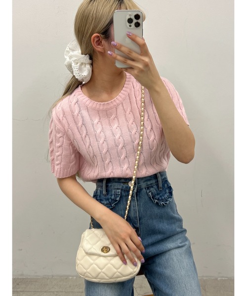 PHILLY(フィリー)の「ケーブル半袖ニット(ニット/セーター・レディース・アイボリー/グレー/ネイビー/ピンク・FREE)」の4枚目の写真