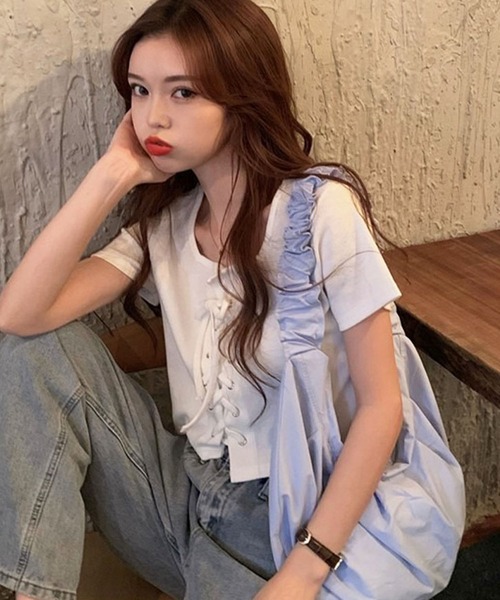 GLAMOROUS JANE（グラマラスジェーン）の「レースアップクロップド丈半袖トップス（Tシャツ/カットソー・レディース・ホワイト/グレー/ブラック・FREE/L）」の12枚目の写真