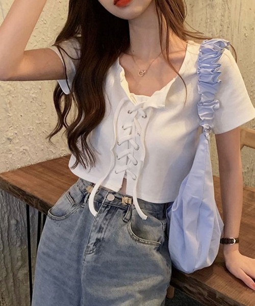 GLAMOROUS JANE（グラマラスジェーン）の「レースアップクロップド丈半袖トップス（Tシャツ/カットソー・レディース・ホワイト/グレー/ブラック・FREE/L）」の8枚目の写真