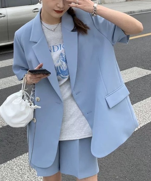 Sibra(シブラ)の「2点セット ツイルジャケット+ショート丈パンツ(セットアップ・レディース・ブラック/ミント/アイボリー/ブルー・M)」の4枚目の写真