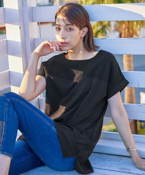 Tiaclasse（ティアクラッセ）の「【洗える】シアーコンビチュニックブラウス（シャツ/ブラウス・レディース・ネイビー/ブラック/ピンク・XXL/XL）」の2枚目の写真