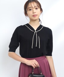 couture brooch | 【襟元デザイン2WAY】パール調バックル配色タイ5分袖ニット(ニット/セーター)