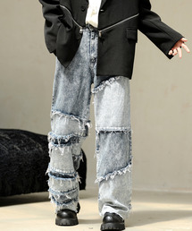 neos | 【neos -addictive design-】ルーズシルエット ビンテージ ウォッシュ加工 切替 リメイク フリンジ ワイド デニム パンツ(デニムパンツ)