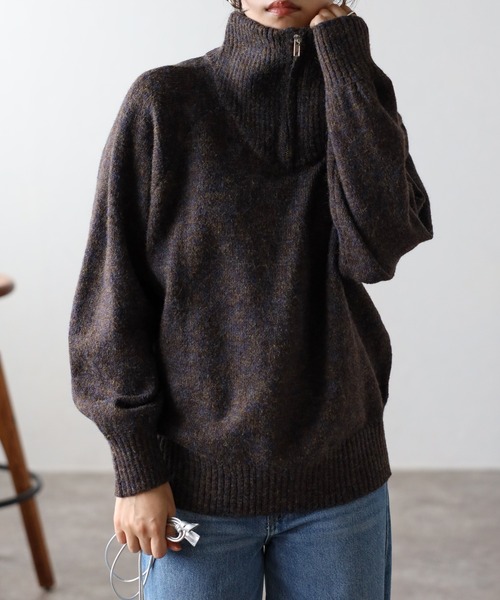amini（アミニ）の「【2023 A/W新作】ハーフジップメランジニット（ニット/セーター・レディース・ベージュ/ブラウン/ブルーグリーン・MEDIUM）」の2枚目の写真