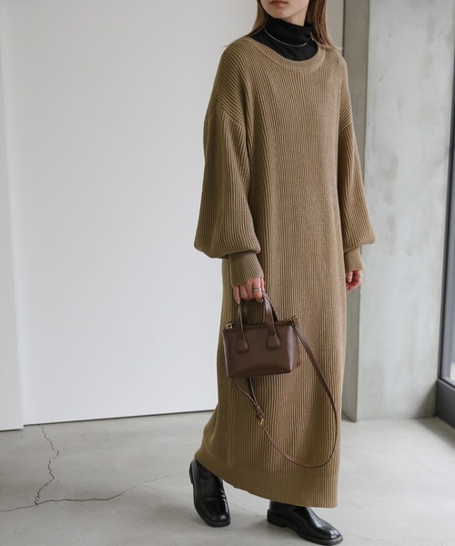 セール】ボリュームスリーブロングニットワンピース（ワンピース