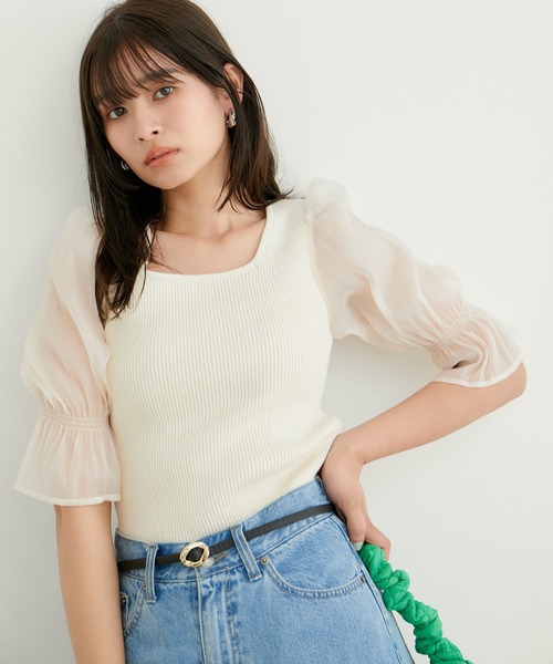 VIS（ビス）の「袖オーガンジーキャンディスリーブスクエアネックニット（ニット/セーター・レディース・ブラック/ピンク/キナリ・FREE）」の5枚目の写真