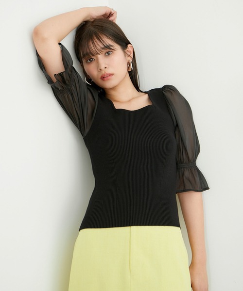 VIS（ビス）の「袖オーガンジーキャンディスリーブスクエアネックニット（ニット/セーター・レディース・ブラック/ピンク/キナリ・FREE）」の14枚目の写真