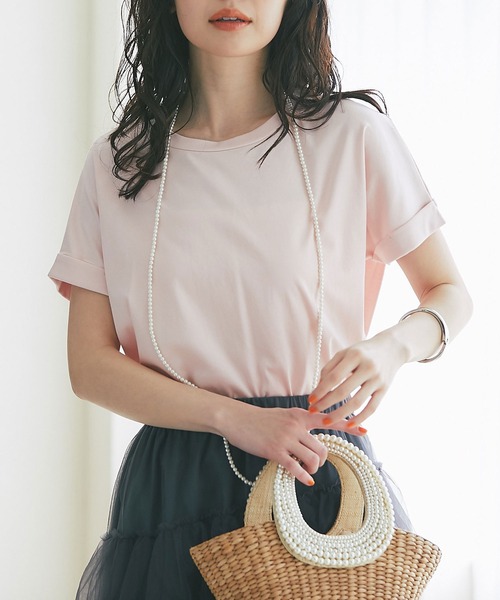 La boutique BonBon（ラブティックボンボン）の「ターンバックスリーブTシャツ（Tシャツ/カットソー・レディース・ネイビー/ピンク/チャコールグレー/オフホワイト/サックスブルー・FREE）」の5枚目の写真