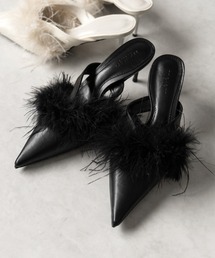 【 2color 】フェザーファーポインテッドトゥミュール / feather fur pointed toe mules