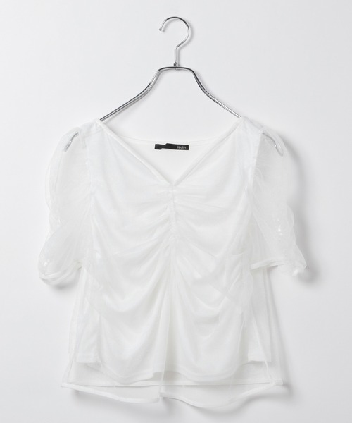 Heather（ヘザー）の「チュールギャザープルオーバー（半袖）　124735（Tシャツ/カットソー・レディース・グレー/ホワイト/ピンク・FREE）」の2枚目の写真