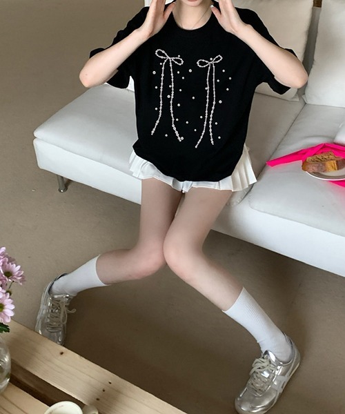 セール】Y2K リボンプリントコットンオーバーサイズTシャツ（T
