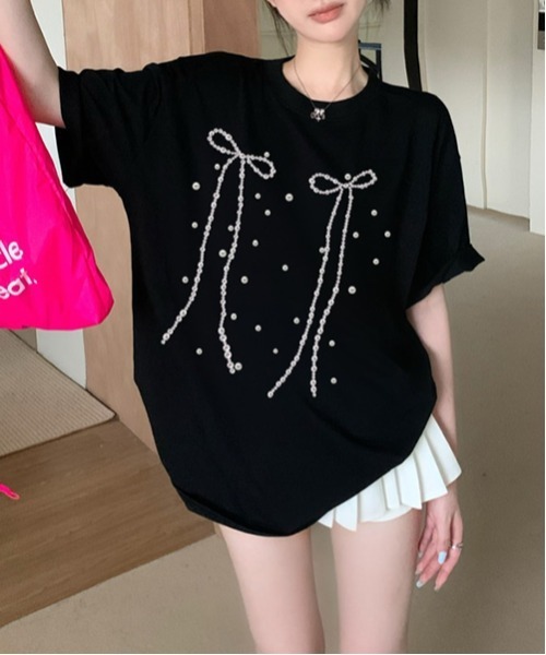 Y2K バーバリーブルーレーベル 後ろらリボン ロゴ Tシャツ セール】Y2K リボンプリントコットンオーバーサイズTシャツ（T