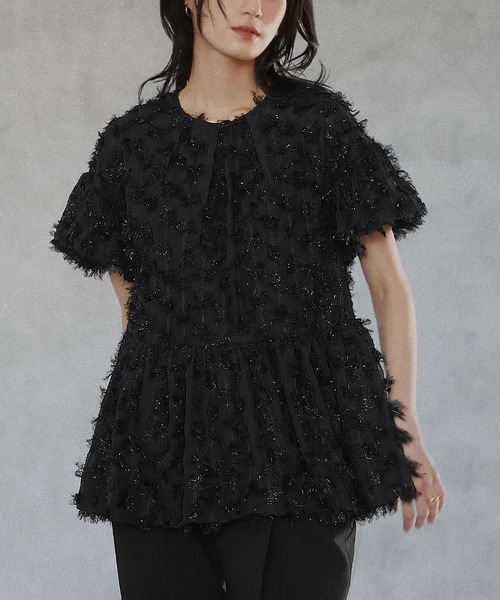 セール】カットジャガードペプラムチュニック丈トップス（シャツ