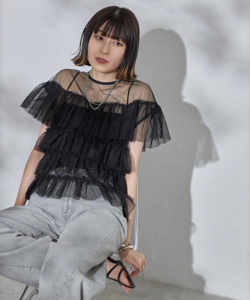フリル付きブラックチュールトップス＆ブラックオールインワン2点セット 4280125.jpg