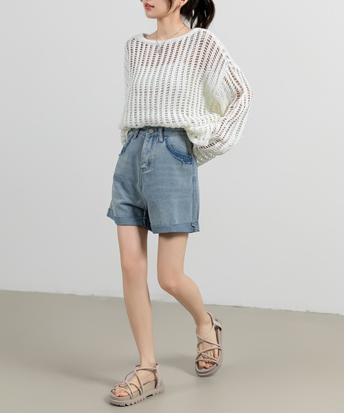 DAY CLOSET（デイ クローゼット）の「レディース 長袖透かし編みサマーニットトップス（ニット/セーター・レディース・ブラック/ホワイト・FREE）」の10枚目の写真