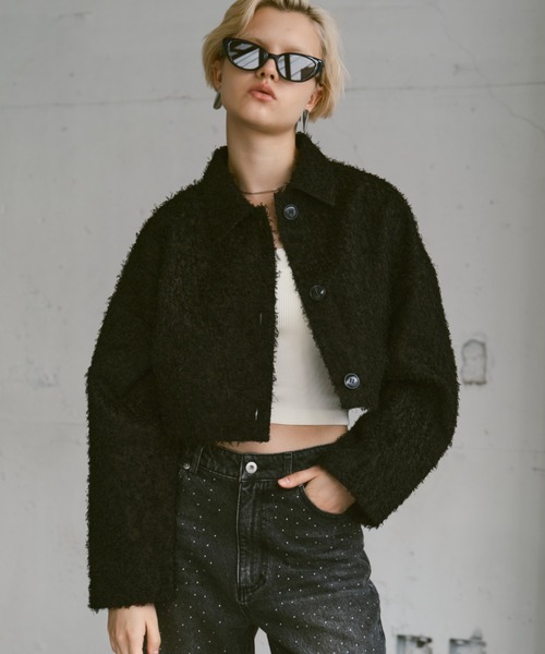 Happy John（ハッピージョン）の「fringe shirt jacket/フリンジシャツジャケット（その他アウター・レディース・バーガンディー/ブラック・FREE）」の2枚目の写真