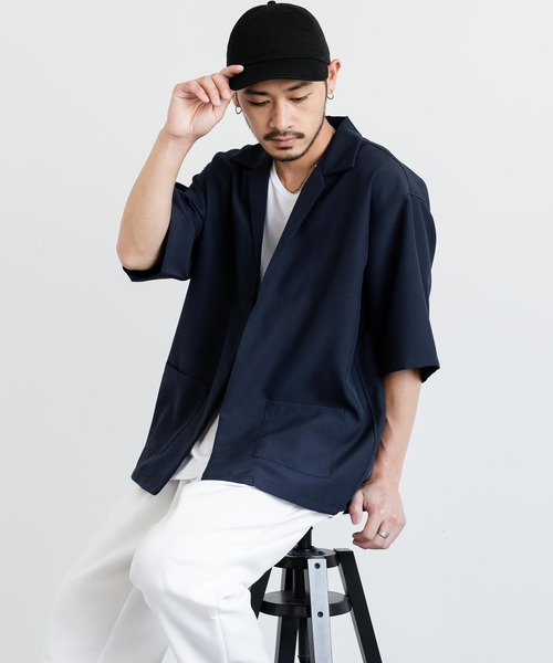 Rocky Monroe（ロッキーモンロー）の「3点セットアップ オーバーサイズ5分袖ジャケット+ワイドテーパードパンツ+タンクトップ（セットアップ・メンズ・ホワイト/ブラック/ホワイト×ブラック/チャコールグレー×ブラック/ネイビー×ホワイト/ネイビー/チャコール・LL/M/L）」の7枚目の写真