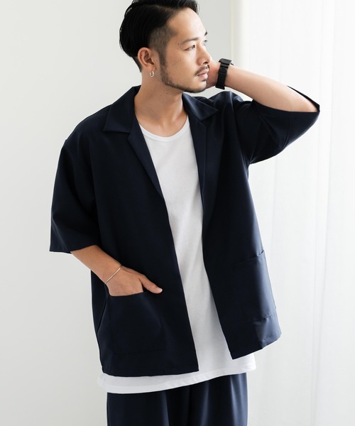 Rocky Monroe（ロッキーモンロー）の「3点セットアップ オーバーサイズ5分袖ジャケット+ワイドテーパードパンツ+タンクトップ（セットアップ・メンズ・ホワイト/ブラック/ホワイト×ブラック/チャコールグレー×ブラック/ネイビー×ホワイト/ネイビー/チャコール・LL/M/L）」の6枚目の写真