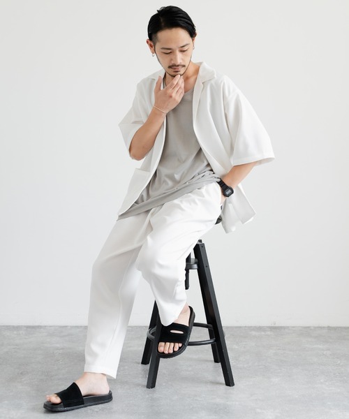 Rocky Monroe（ロッキーモンロー）の「3点セットアップ オーバーサイズ5分袖ジャケット+ワイドテーパードパンツ+タンクトップ（セットアップ・メンズ・ホワイト/ブラック/ホワイト×ブラック/チャコールグレー×ブラック/ネイビー×ホワイト/ネイビー/チャコール・LL/M/L）」の3枚目の写真