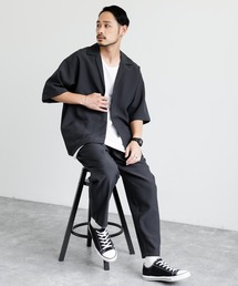 3点セットアップ オーバーサイズ5分袖ジャケット+ワイドテーパードパンツ+タンクトップ