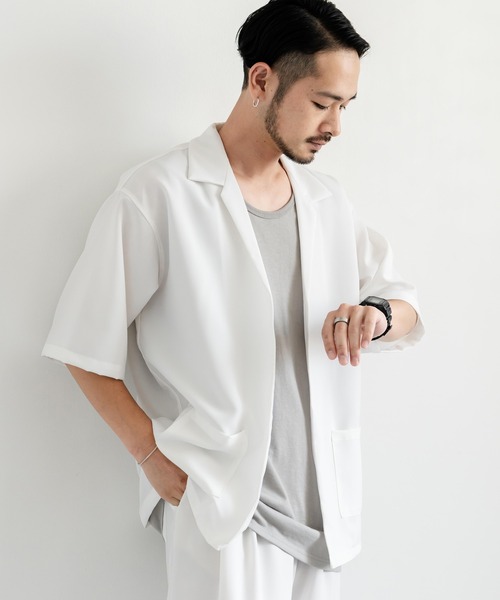 Rocky Monroe（ロッキーモンロー）の「3点セットアップ オーバーサイズ5分袖ジャケット+ワイドテーパードパンツ+タンクトップ（セットアップ・メンズ・ホワイト/ブラック/ホワイト×ブラック/チャコールグレー×ブラック/ネイビー×ホワイト/ネイビー/チャコール・LL/M/L）」の14枚目の写真