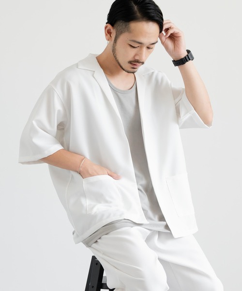 Rocky Monroe（ロッキーモンロー）の「3点セットアップ オーバーサイズ5分袖ジャケット+ワイドテーパードパンツ+タンクトップ（セットアップ・メンズ・ホワイト/ブラック/ホワイト×ブラック/チャコールグレー×ブラック/ネイビー×ホワイト/ネイビー/チャコール・LL/M/L）」の16枚目の写真