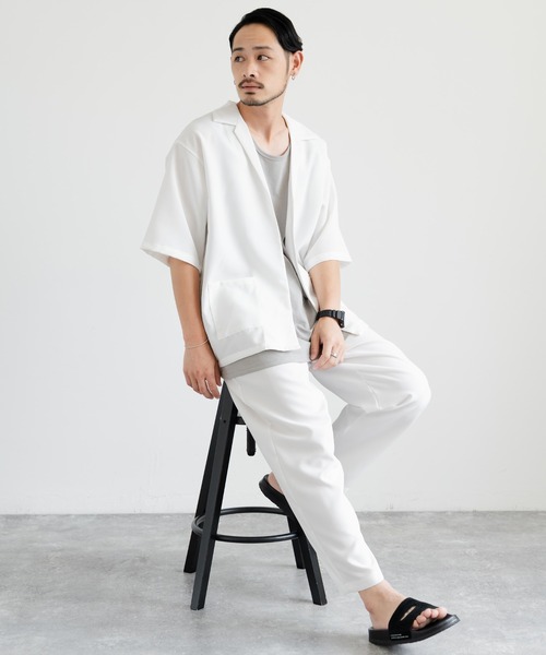 Rocky Monroe（ロッキーモンロー）の「3点セットアップ オーバーサイズ5分袖ジャケット+ワイドテーパードパンツ+タンクトップ（セットアップ・メンズ・ホワイト/ブラック/ホワイト×ブラック/チャコールグレー×ブラック/ネイビー×ホワイト/ネイビー/チャコール・LL/M/L）」の17枚目の写真