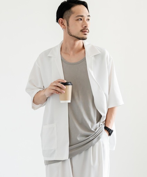 Rocky Monroe（ロッキーモンロー）の「3点セットアップ オーバーサイズ5分袖ジャケット+ワイドテーパードパンツ+タンクトップ（セットアップ・メンズ・ホワイト/ブラック/ホワイト×ブラック/チャコールグレー×ブラック/ネイビー×ホワイト/ネイビー/チャコール・LL/M/L）」の18枚目の写真