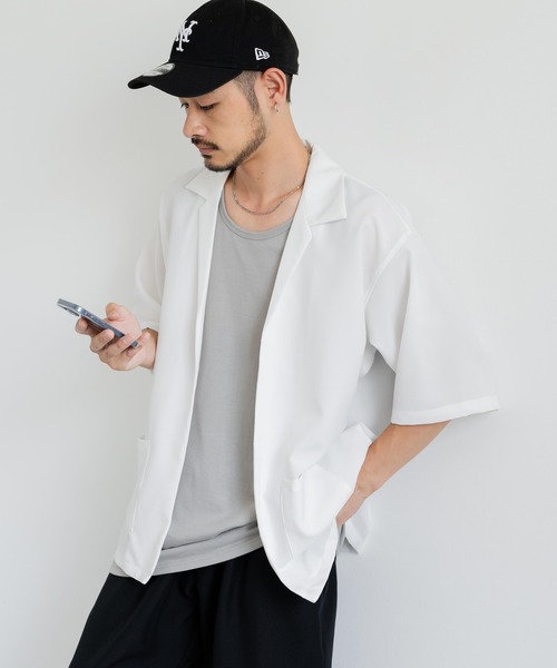 Rocky Monroe（ロッキーモンロー）の「3点セットアップ オーバーサイズ5分袖ジャケット+ワイドテーパードパンツ+タンクトップ（セットアップ・メンズ・ホワイト/ブラック/ホワイト×ブラック/チャコールグレー×ブラック/ネイビー×ホワイト/ネイビー/チャコール・LL/M/L）」の8枚目の写真