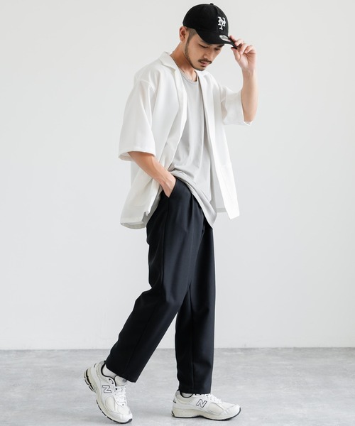 Rocky Monroe（ロッキーモンロー）の「3点セットアップ オーバーサイズ5分袖ジャケット+ワイドテーパードパンツ+タンクトップ（セットアップ・メンズ・ホワイト/ブラック/ホワイト×ブラック/チャコールグレー×ブラック/ネイビー×ホワイト/ネイビー/チャコール・LL/M/L）」の9枚目の写真