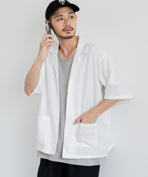 Rocky Monroe（ロッキーモンロー）の「3点セットアップ オーバーサイズ5分袖ジャケット+ワイドテーパードパンツ+タンクトップ（セットアップ・メンズ・ホワイト/ブラック/ホワイト×ブラック/チャコールグレー×ブラック/ネイビー×ホワイト/ネイビー/チャコール・LL/M/L）」の12枚目の写真