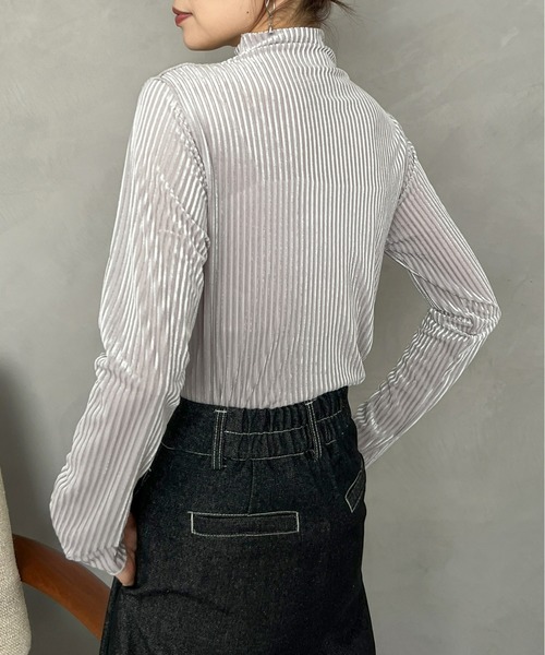 セール】シアーベロアストライプトップス（Tシャツ/カットソー）｜Olu