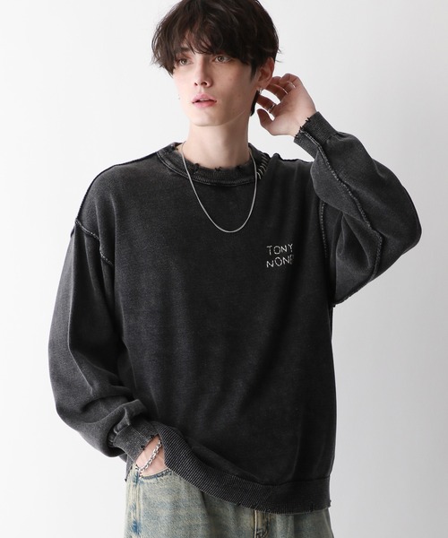 RAGEBLUE（レイジブルー）の「フェードダメージ/ワンポイント刺繍クルーネックニット（ニット/セーター・メンズ・ブルー/スミクロ・MEDIUM/LARGE）」の2枚目の写真