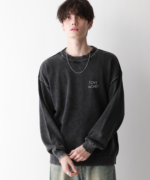 RAGEBLUE（レイジブルー）の「フェードダメージ/ワンポイント刺繍クルーネックニット（ニット/セーター・メンズ・ブルー/スミクロ・MEDIUM/LARGE）」の18枚目の写真