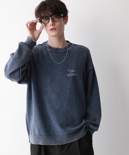 RAGEBLUE（レイジブルー）の「フェードダメージ/ワンポイント刺繍クルーネックニット（ニット/セーター・メンズ・ブルー/スミクロ・MEDIUM/LARGE）」の13枚目の写真