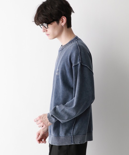 RAGEBLUE（レイジブルー）の「フェードダメージ/ワンポイント刺繍クルーネックニット（ニット/セーター・メンズ・ブルー/スミクロ・MEDIUM/LARGE）」の12枚目の写真