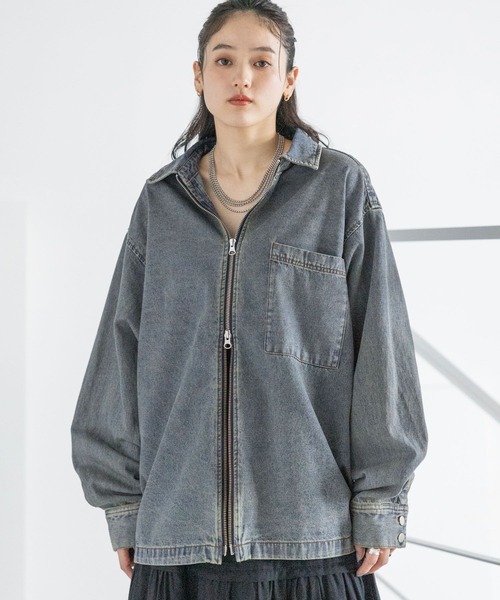 ブラウス シャツ 「UNISEX」 overdyed denim loose shirt/選べる着丈/Wジップオーバーダイ加工デニムルーズシャツ レデ UNISEX】 overdyed denim loose shirt/選べる着丈/Wジップ