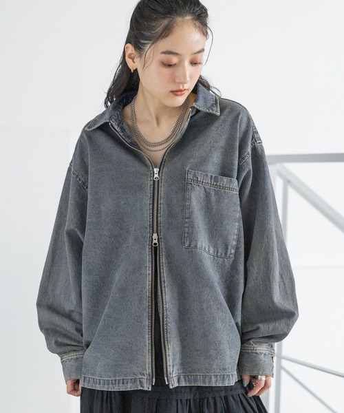 UNISEX】 overdyed denim loose shirt/選べる着丈/Wジップオーバーダイ