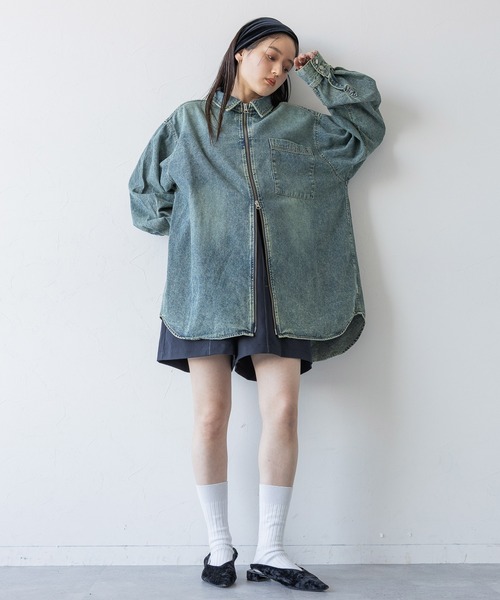 UNISEX】 overdyed denim loose shirt/選べる着丈/Wジップ